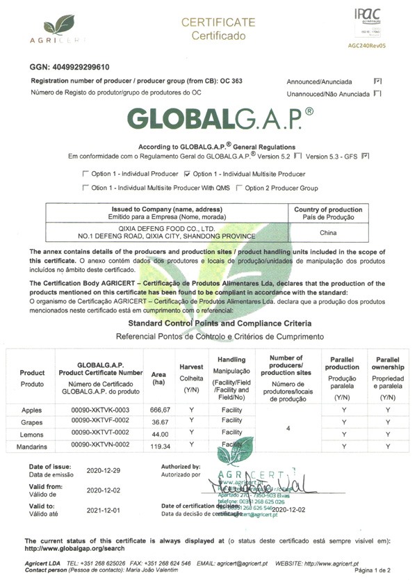 GLOBAL G.A.P.全球良好农业规范证书