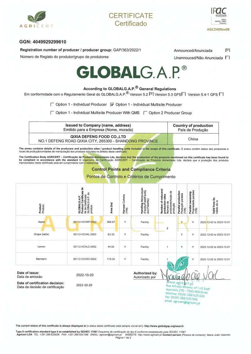 GLOBAL G.A.P.全球良好农业规范证书